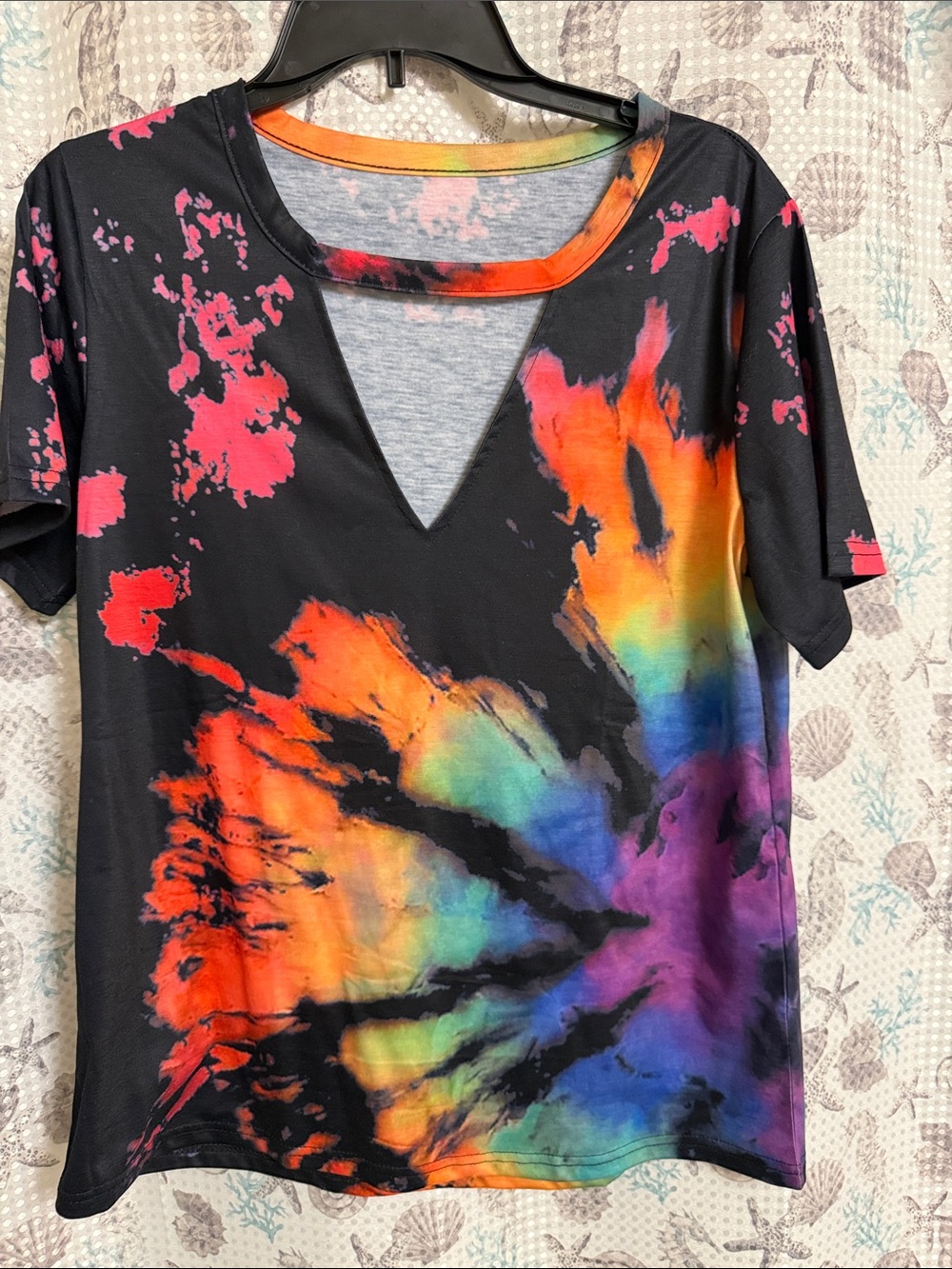 Women's Black Rainbow Tie-Dye V-Neck Top Size M